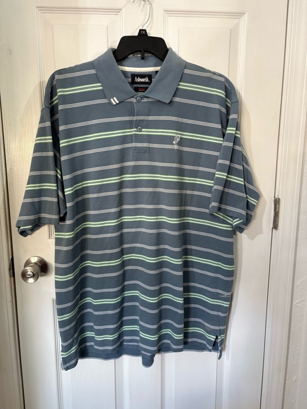 Ashworth Blue-Gray Polo with Light Green and White Stripes